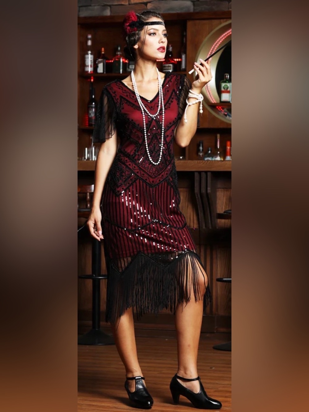 Vintage-Inspired Women's Burgundy Fringe Sequin Flapper Dress